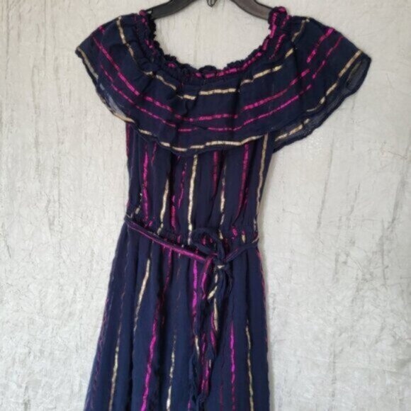 Maison Jules Blue Cotton metallic stripe Ruffe Maxi Dress Women’s XXS - Picture 11 of 12